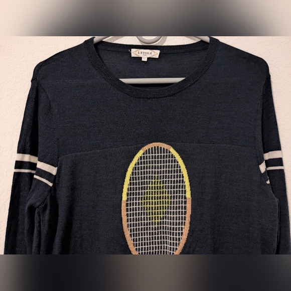 L'etoile Sport Navy Blue Stripe 100% Merino Wool Crewneck Tennis Racquet Sweater - Picture 8 of 13